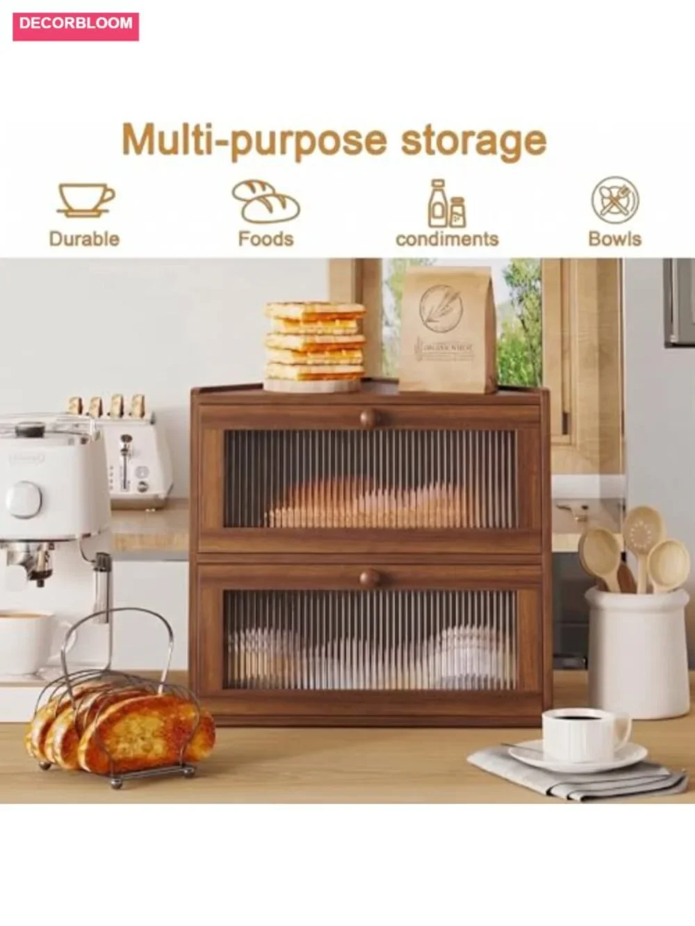 Bamboo Corner Bread Box Double Layer with Magnetic Door Farmhouse Kitchen